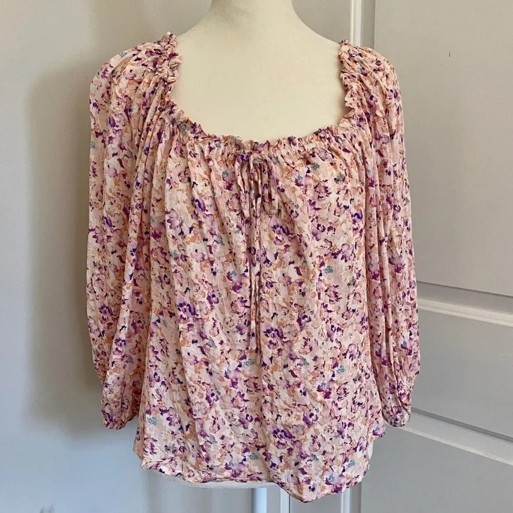 Azoe Floral Square Neck Tie Blouse